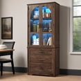 thumbnail image 1 of 75" Tall Pantry Cabinet with 3 Drawers & Adjustable Shelves, Farmhouse Kitchen Storage Cupboard Display Cabinet Bookcase with 2 Arch Glass Doors & LED Lights for Home Office, 1 of 12