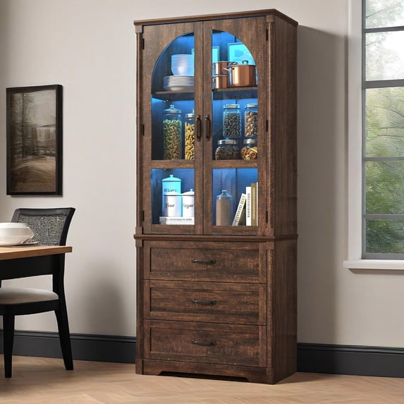 75" Tall Pantry Cabinet with 3 Drawers & Adjustable Shelves, Farmhouse Kitchen Storage Cupboard Display Cabinet Bookcase with 2 Arch Glass Doors & LED Lights for Home Office