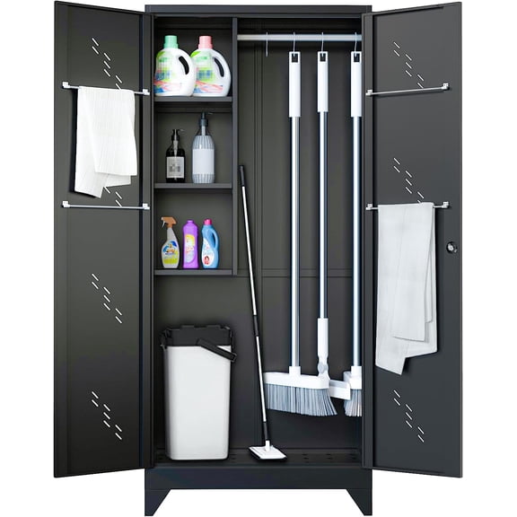 75" Taller Metal Garage Storage Cabinet,Tool Cabinet, Large Offiice Storage Cabinet wiith Lock Doors, Stainless Steel Bottom Plate with Holes,Utility Room Organization(H75* D16.53*L33.85)(BLACK)