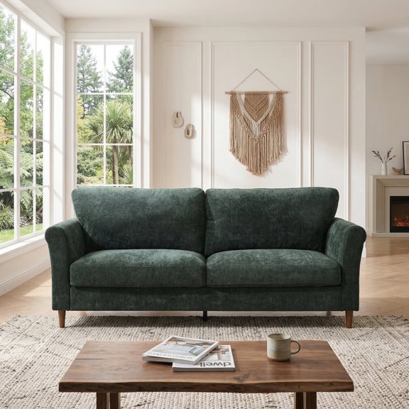75" Upholstered Sofa,Emerald Green Textured Linen 3-Seater Couch with Rolled Arms & Solid Wood Legs for Apartment Living Room