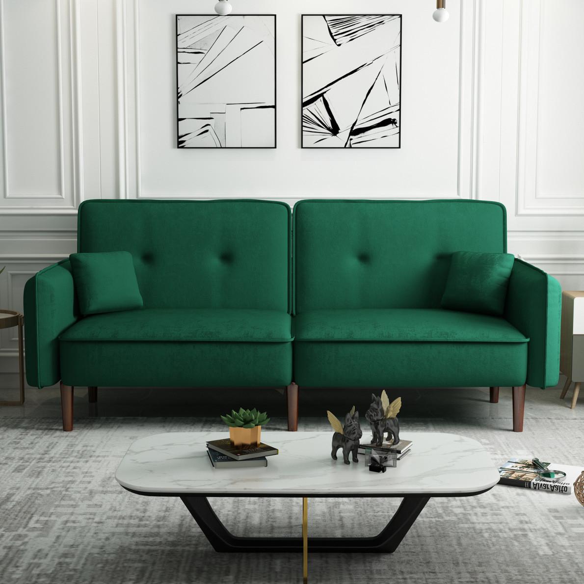 75" Velvet Loveseat Sofa Bed, Convertible Sleeper Sofa Couch Bed with 6 Wood Legs, 2 Cushions