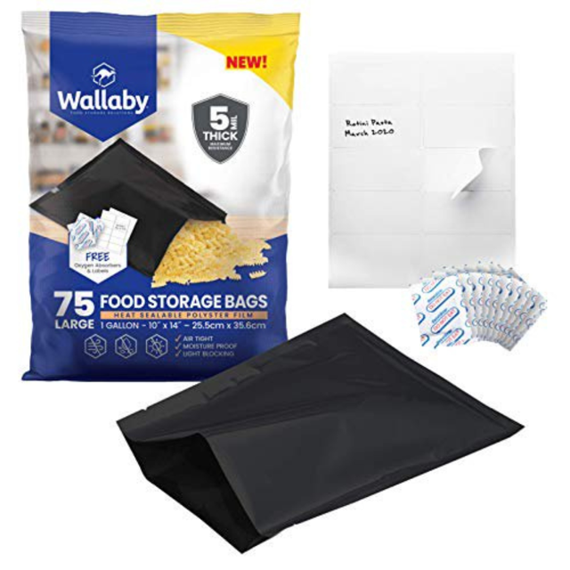 75 Pack Wallaby Mylar Bags for Food Storage 1 Gallon (5 Mil) with 80