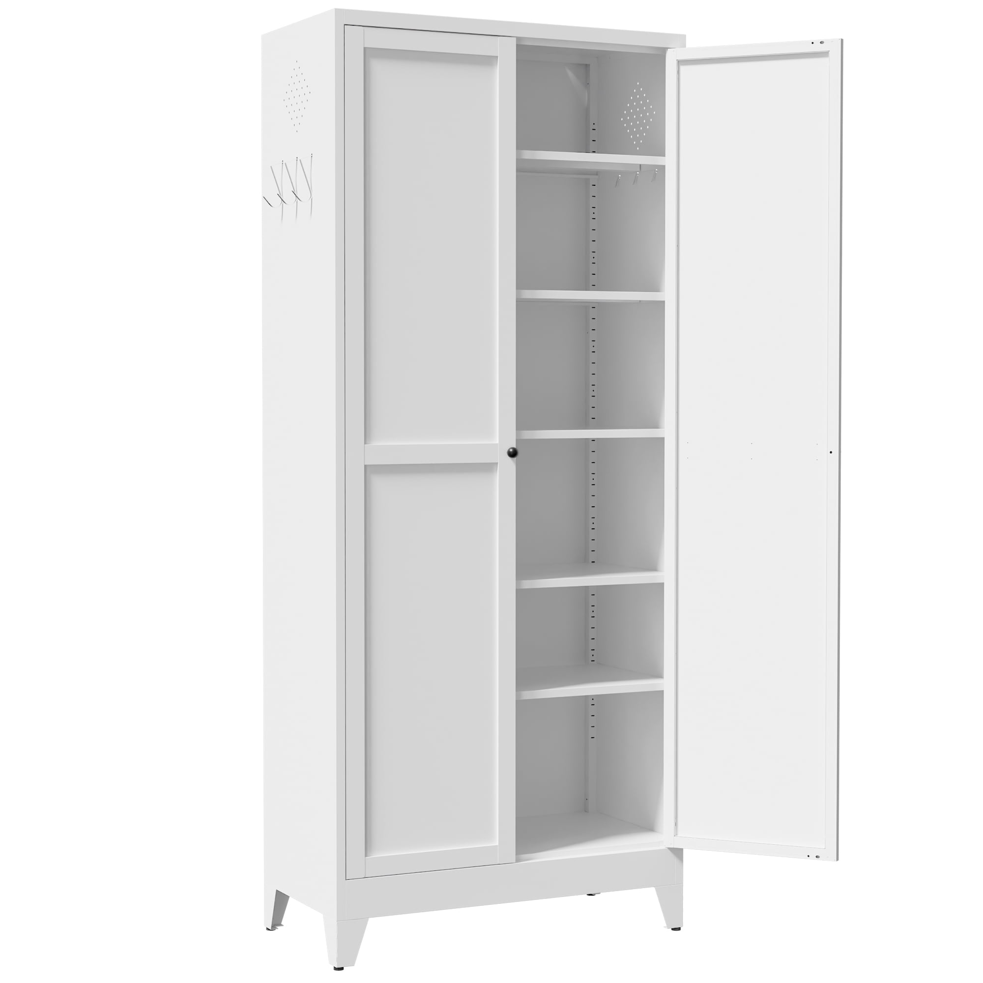 75" White Freestanding Metal Kitchen Pantry Storage Cabinet, 5 Adjustable Heavy-Duty Shelves Hold 180LBS Each, Magnetic Doors, Anti-Tip Design for Kitchen Pantry Dining Room