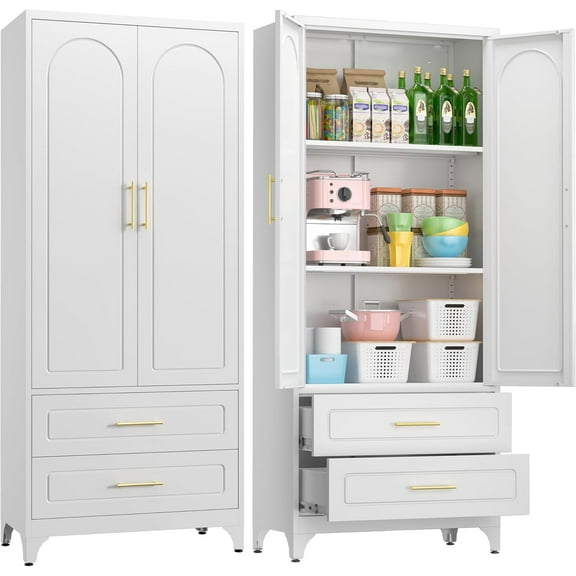 75" White Kitchen Pantry Cabinet with 2 Drawers, Metal Storage Cabinets with Doors and Adjustable Shelves, Tall Pantry for Dinning Living Room