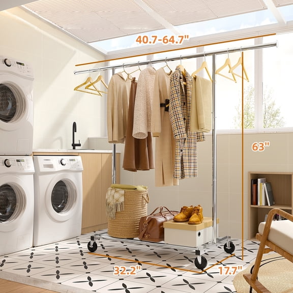 75" Wide Heavy-duty Storage Hanger, Weighing Up to 400 Pounds, Metal Clothing Storage Hanger with Shelves, Lockable Wheels And Anti Slip Plugs, Rolling Hanger for Bedroom And Laundry