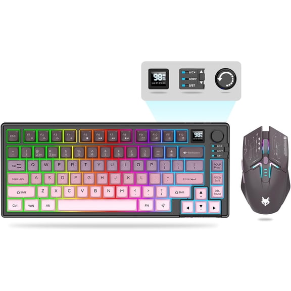 75% Wireless Gaming Keyboard and Mouse Combo, Tri-Mode BT5.0, 2.4GHz, and USB-C Connectivity, RGB Backlit 80-Key Keyboard with Knob Volume Control, 1600DPI 3D Mouse, 2000mAh Battery(Gradient Pink)