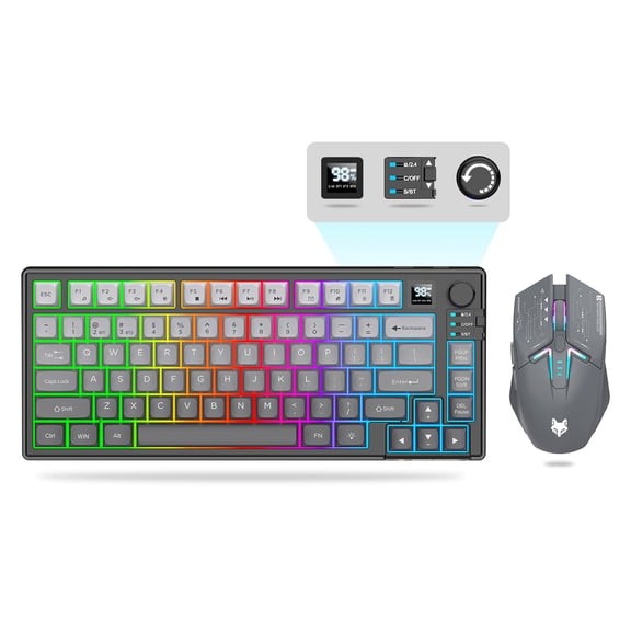75% Wireless Gaming Keyboard and Mouse Combo, Tri-Mode BT5.0, 2.4GHz, and USB-C Connectivity, RGB Backlit 80-Key Keyboard with Knob Volume Control, 1600DPI 3D Mouse, 2000mAh Battery(Gradient Gray)