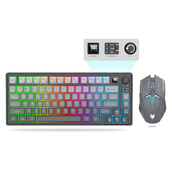 75% Wireless Gaming Keyboard and Mouse Combo, Tri-Mode BT5.0/2.4GHz/USB-C, RGB Backlit 80 Keys Keyboard with Knob Volume Control, 3D 1600DPI Mouse, 2000mAh Rechargeable Battery