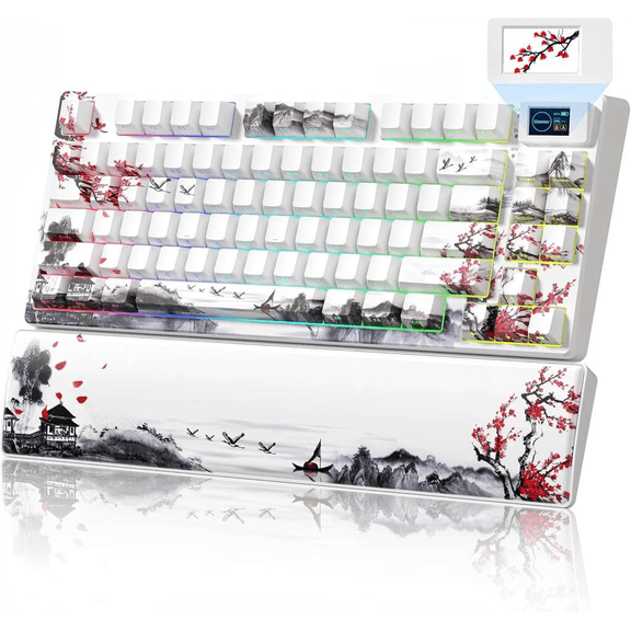 75% Wireless Mechanical Keyboard with Color Multimedia Screen and Wrist Rest Hot Swappable RGB Keyboard for Mac Windows White