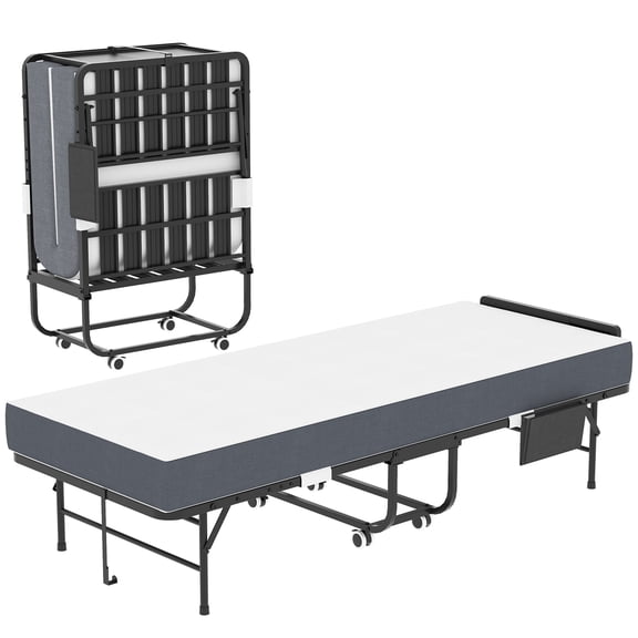 75" X 31" Folding Bed with Adjustable Headboard & 5" Memory Foam, Space Saving Rollaway Guest Bed for Tall People, Portable Twin Cot on Wheels, Easy Assembly