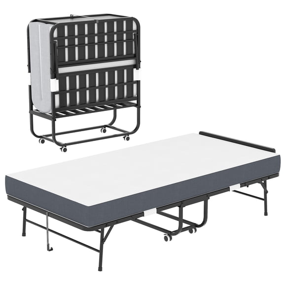 75" X 38" Folding Bed with Adjustable Headboard, 5" Memory Foam Rollaway Bed for Tall People, Heavy-Duty Portable Guest Bed on Wheels, Easy Assembly, Twin Size