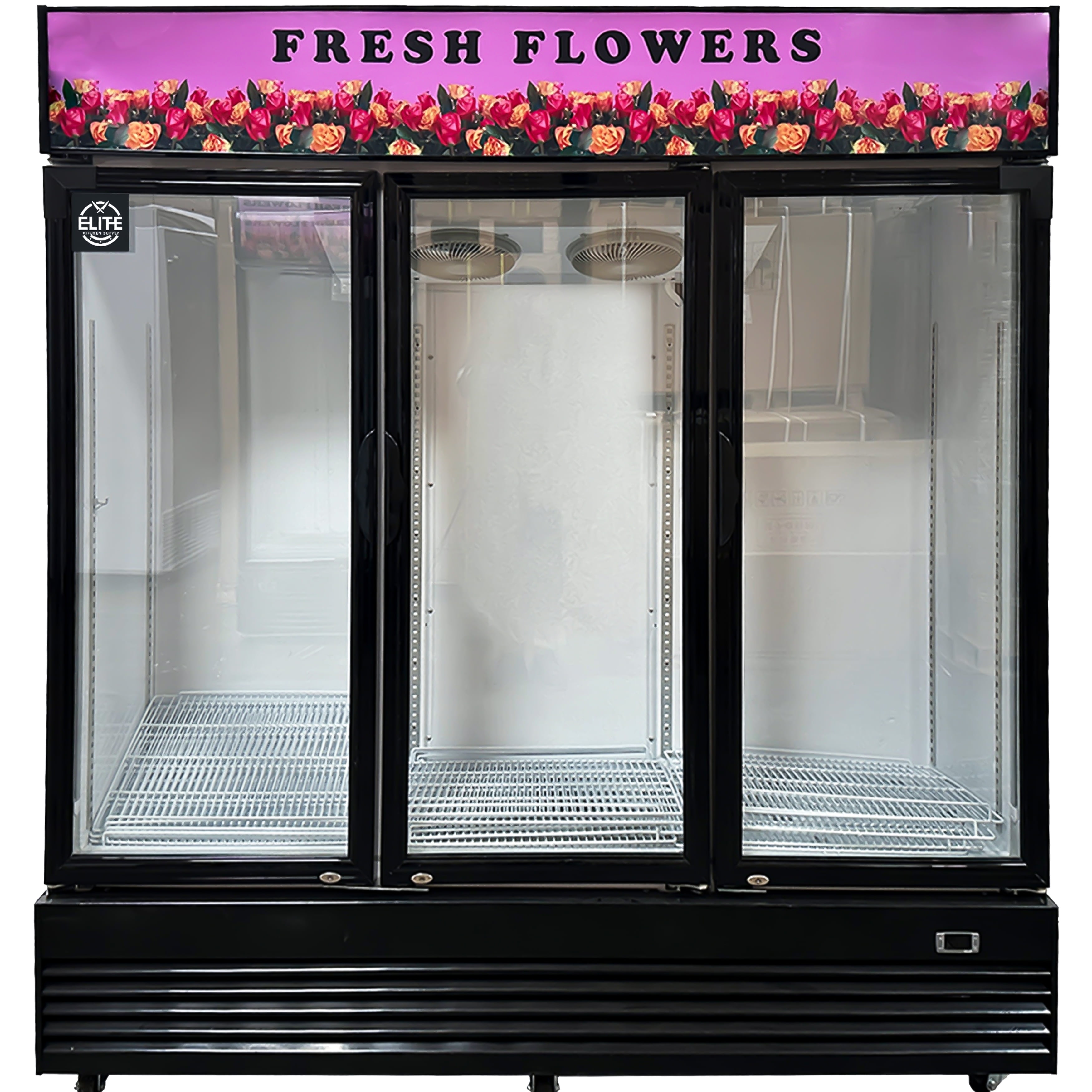 Elite Kitchen 75in Stainless Double-Tempered Glass Door Floral Cooler, 59 Cu.Ft. Commercial Refrigerator