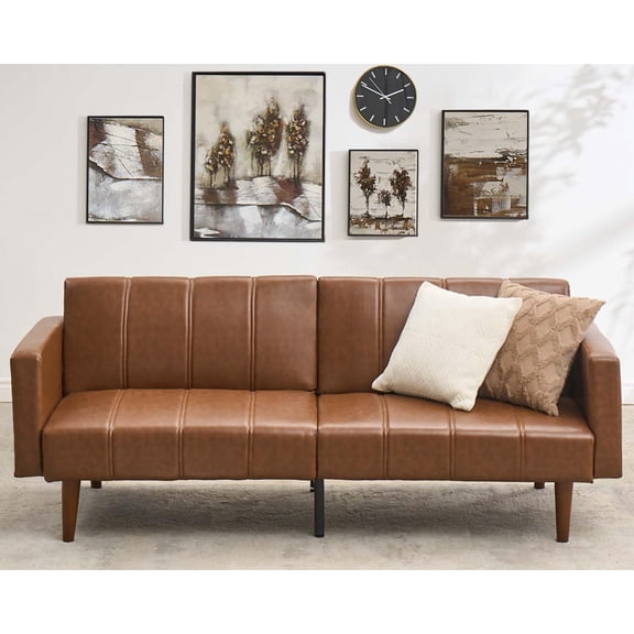 75 in Mid-Century Futon Sofa Bed, PU Leather Convertible Sleeper Loveseat with Adjustable Backrest and Side Pockets, Brown