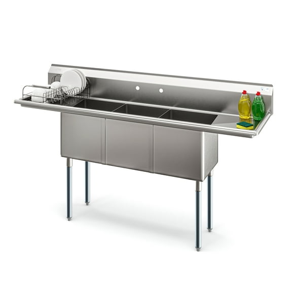 75 in Three Compartment Commercial Sink, Bowl Size 15x15x14, 18 Gauge Stainless-Steel with 2 Drainboards