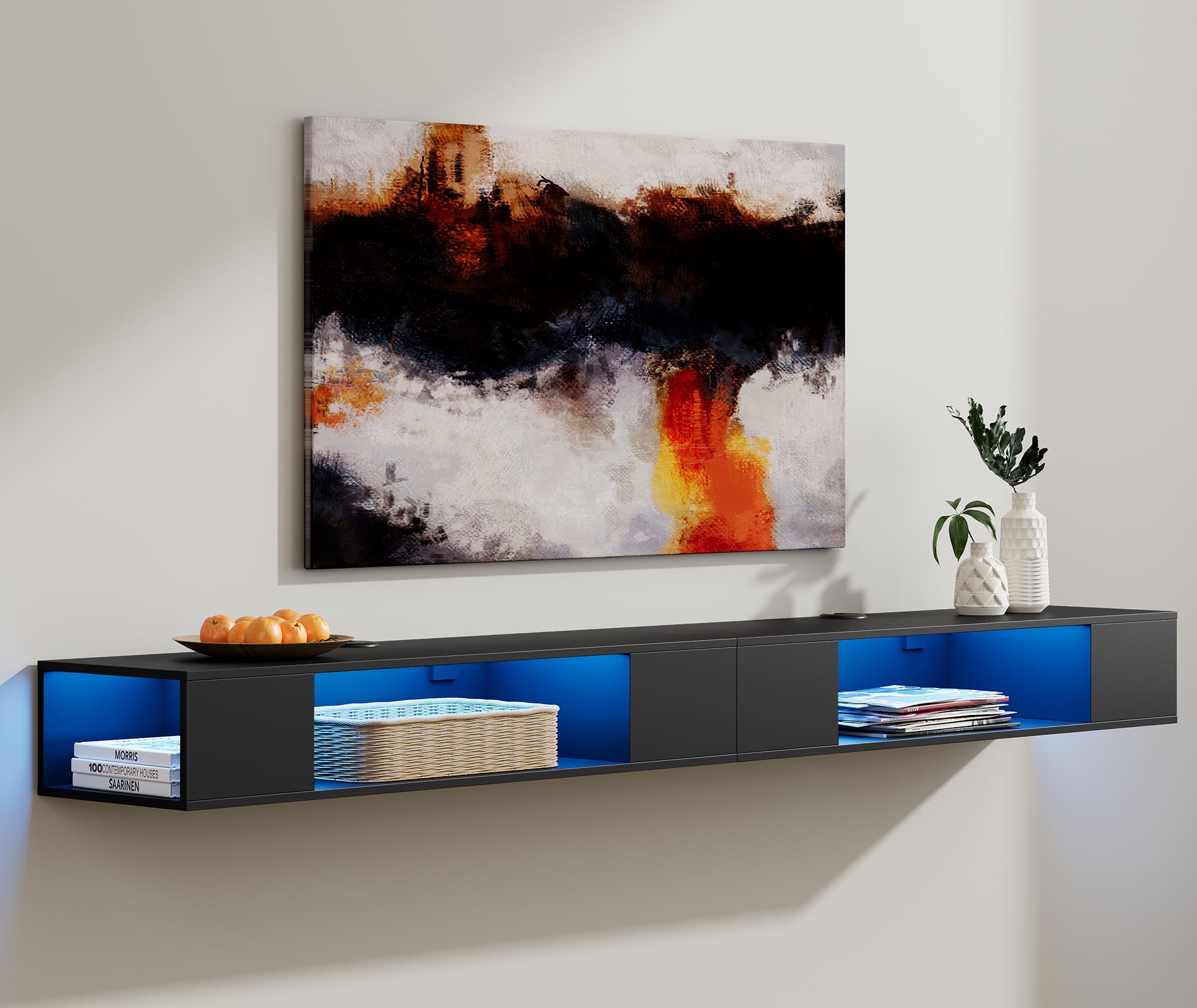 FITUEYES, 75 inch Blue LED Floating TV Stand for 65/70/75/80/85 inch TVs, Wall Mounted Entertainment Component Under TV, Floating TV Shelf