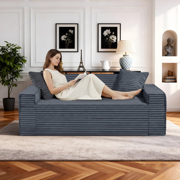 75 inch Cloud Boneless Couch for Living Room 3-Seater with Pillows, Oversized Sofa Sleeper with Deep Seat Corduroy Sofa in A Box, No Assembly Required, Gray