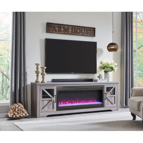 75 inch Fireplace TV Stand for TVs up to 80 inches, Entertainment Center with 44 inch Electric Fireplace Insert, 8 Color Flame Effect and Remote Control, Gray Wash Media Console