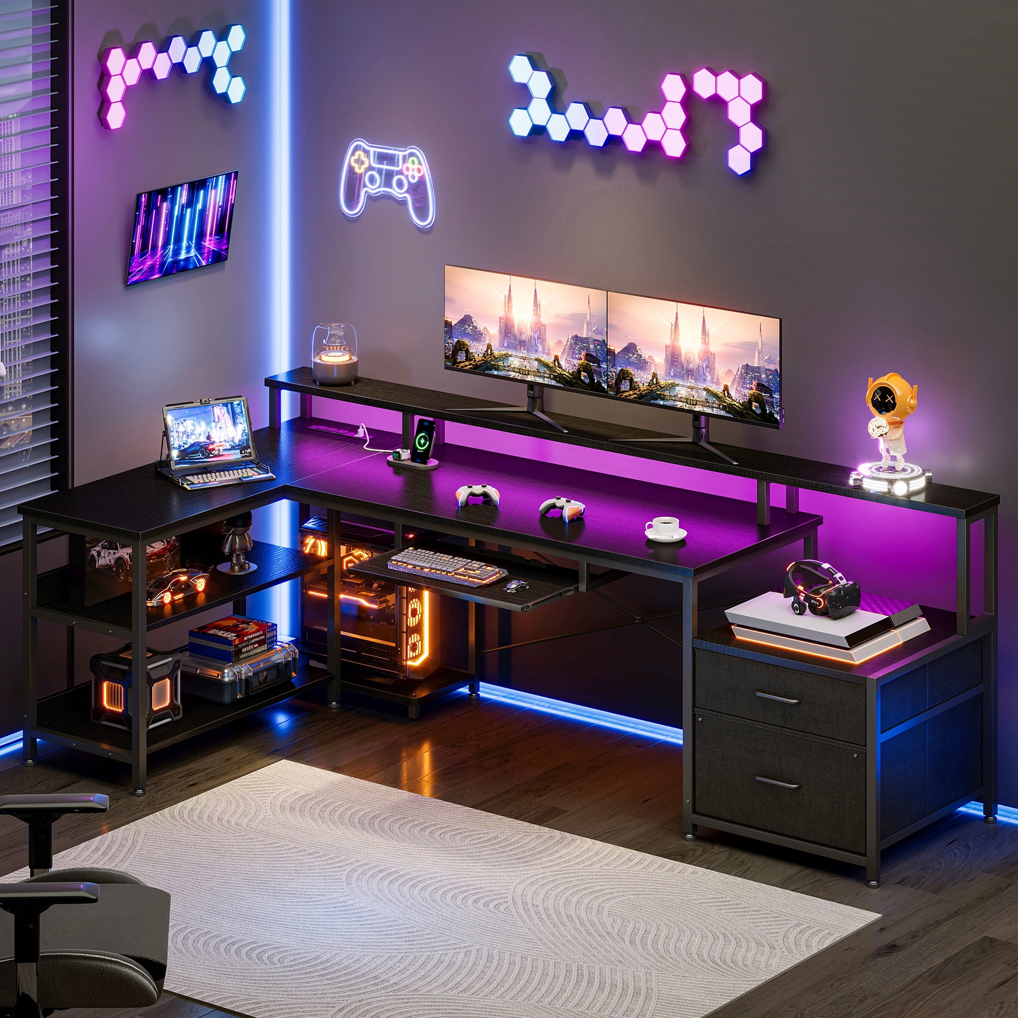 75 inch L-Shaped Gaming Desk with LED Lights & Power Outlets, Corner Computer Desk with 2 Drawers & Storage Shelves, Reversible Workstation for Home Office, Black