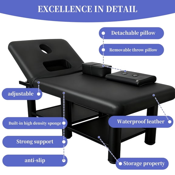 75 inch massage table,adjustable massage table with storage space,featuring an open-style facial area and headrest,blac