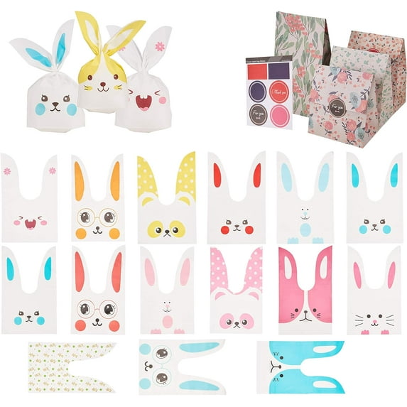 75 pcs 15 Styles 5x4 inch Animals Theme Plastic Candy Bags Rabbit/Bear/Cat/Fox Ear Bags Treat Bags with 8pcs 5x9 inch Flowers Floral Paper Bags for Wedding Birthday Party