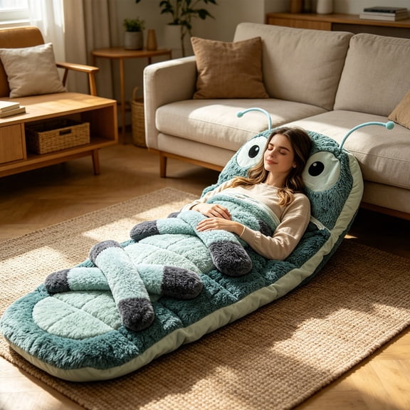 75" x 30" Giant Hugging Caterpillar Sleeping Bag, Plush Cocoon Lounge Pod with Adjustable Pull Cord, Cozy Indoor Nap Sack for Adults – Oversized Animal Sleeping Bag for Home, Dorm, Travel