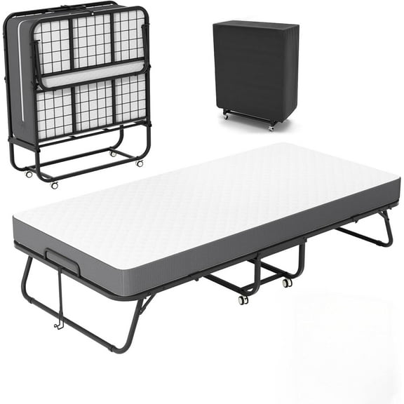 75" x 31" Folding Bed with Mattress for Adults, Portable Foldable Single Beds with Memory Foam Mattress & Super Strong Frame, Convenient Roll Away Guest Bed for Storage