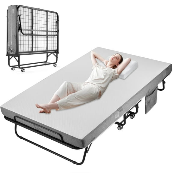 Jengolee 75" x 31" Folding Bed with 5-Inch Memory Foam Mattress, Portable Rollaway Guest Bed for Adults with Metal Frame