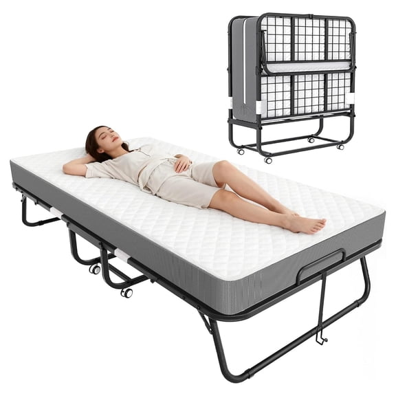 75 x 31 Inch Folding Bed with 5 Inch Mattress, Portable Rollaway Cot with Metal Frame and Locking Wheels for Home Office Guest Room, Compact 4-Section Foldable Bed for Adults