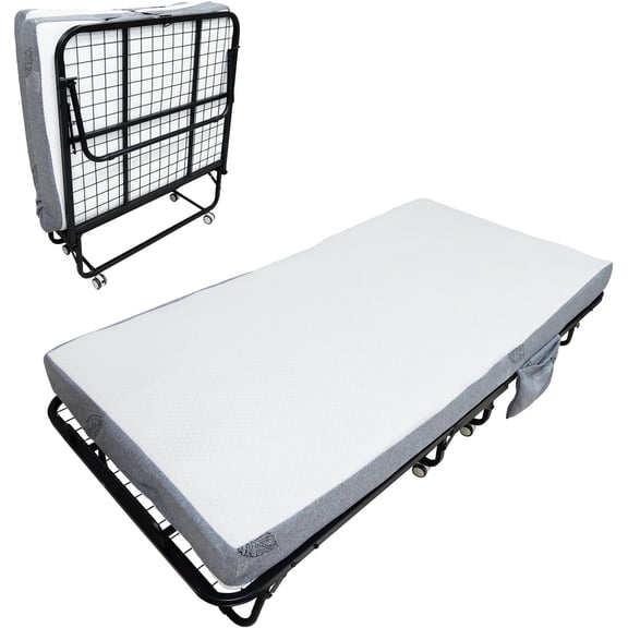 75" x 38"Folding Bed with 6" Memory Foam Mattress, Rollaway Guest Bed for Adults, Heavy Duty Metal Frame Foldable Portable Bed with Lockable Wheels, Space Saving for Home Office Guest Room