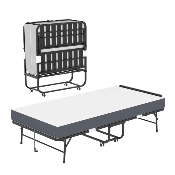 75" x 38" Folding Bed with Adjustable Headboard, 5" Memory Foam Rollaway Bed for Tall Users, Heavy-Duty Portable Guest Bed on Wheels, Easy Assembly, Twin Size