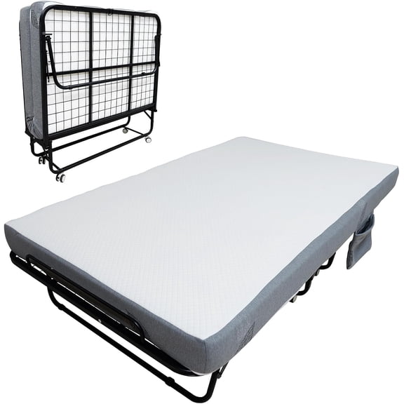 75 x 45 Inch Folding Rollaway Bed, 4 Inch Memory Foam Mattress, 450 Lbs Heavy Duty Steel Frame, Portable Bed with Lockable Swivel Casters, Side Pocket for Home Office RV Use