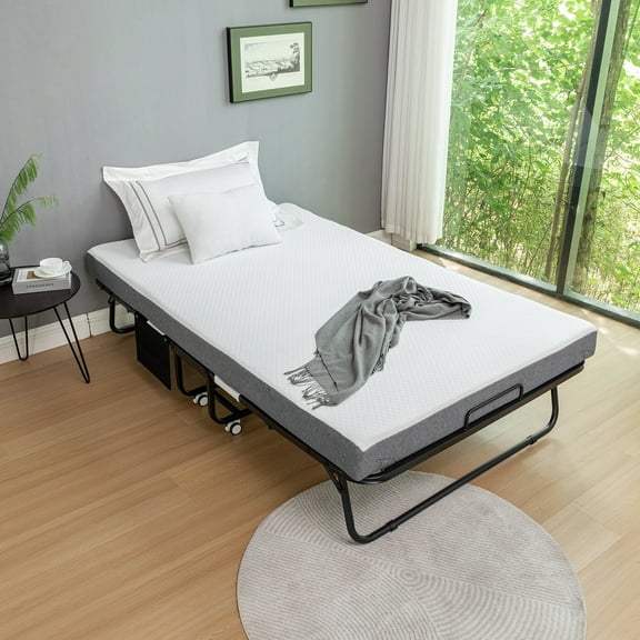 75" x 45" Portable Folding Bed Metal Frame Rollaway Bed with 5" Memory Foam Mattress & Wheels