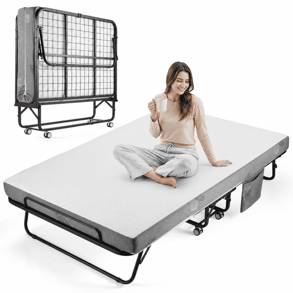 75" x 45" Extra Wide Folding Bed with 5" Mattress, Portable Guest Bed with Lockable Wheels, Foldable Space-Saving Metal Grid Frame