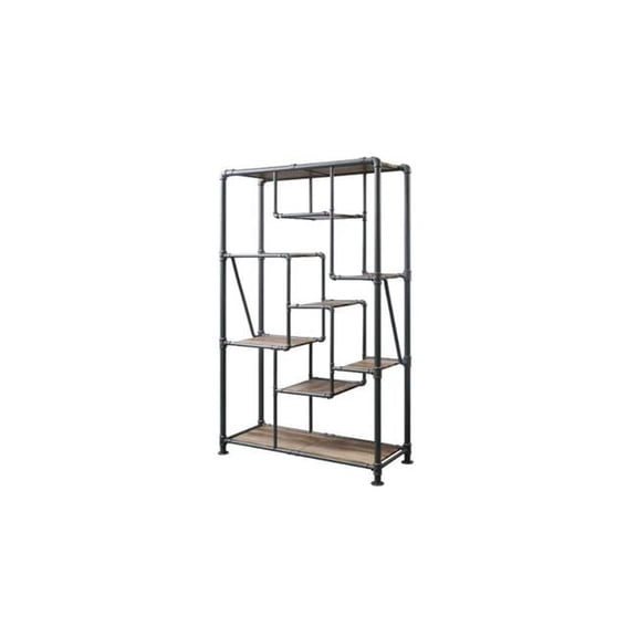 75 x 49 x 20 in. Antique Oak & Gray Metal Eight Tier Industrial Bookcase