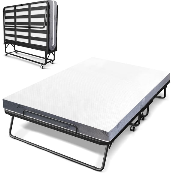 75''x46'' Folding Bed with Mattress for Adults, Large Size Portable Foldable Bed with Strong Metal & Wood Frame, Rollaway Guest Bed, Big Space