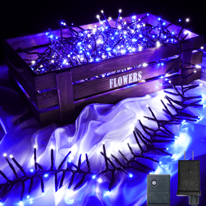750 LED String Lights Cluster Lights - 41ft Blue and White Green Wire Outdoor Waterproof Lights, Plug in Indoor String Lights with 8 Modes & Timer Memory for Xmas, Christmas Tree