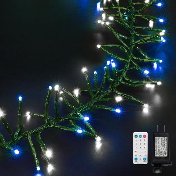 750 LED White Blue Firecracker Cluster Lights, Green Cord Plug-In Waterproof Christmas Twinkle Lights with Remote Timer 10 Modes for Tree Window Party Garland
