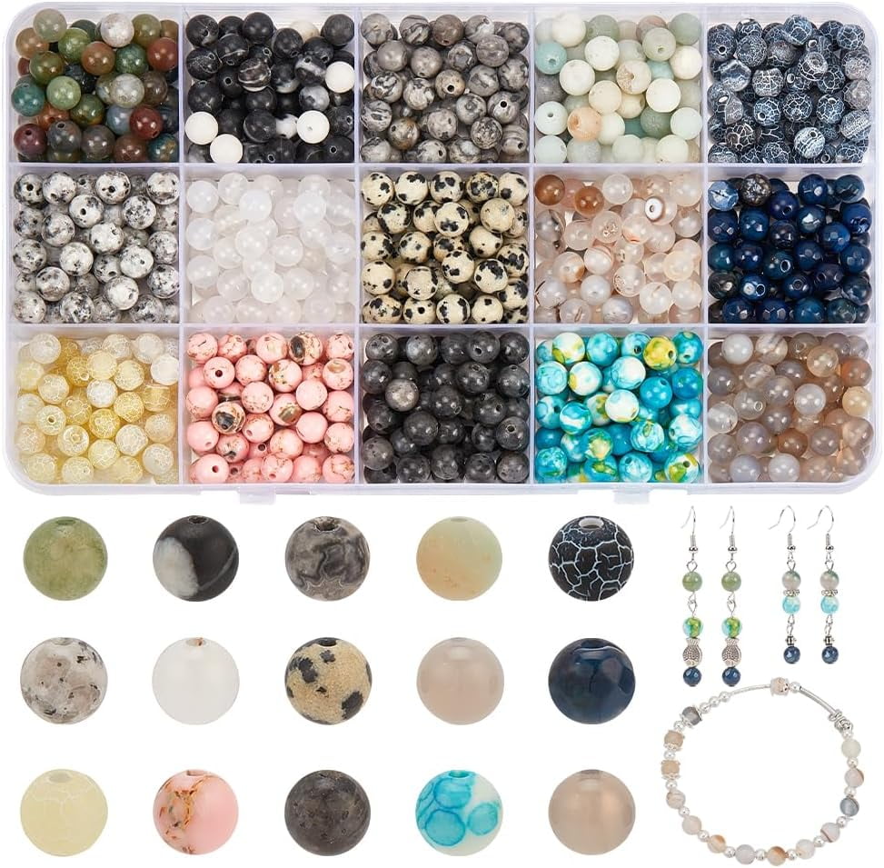 750 Pcs 15 Styles Natural Round Stone Beads Mixed Gemstone Beads Kits 6mm Crystals Gemstone Beading Loose Spacer Beads for Bracelet Necklace Earrings Jewelry Making Hole: 1mm