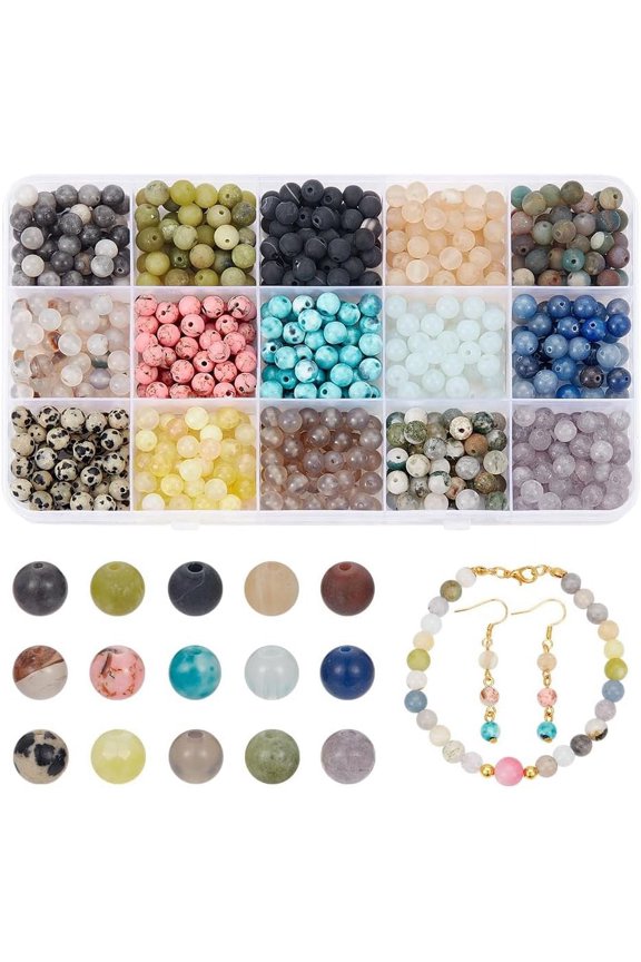 About 750 Pcs Mixed Gemstone Beads Kit 15 Styles Round Natural Synthetic Stone Beads Crackle Beads Clear Beads Undyed Loose Spacer Beads for Bracelets Necklace Jewelry Making 6mm