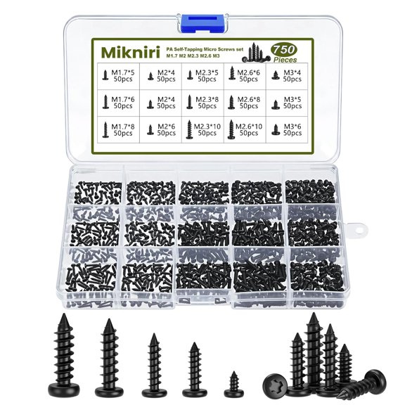 750 Pcs Small Self Tapping Screws for Plastic and Metal, M1.7-M3 Phillips Pan Head Small Screws,Black Carbon Steel Micro Electronic Screws Assortment Kit