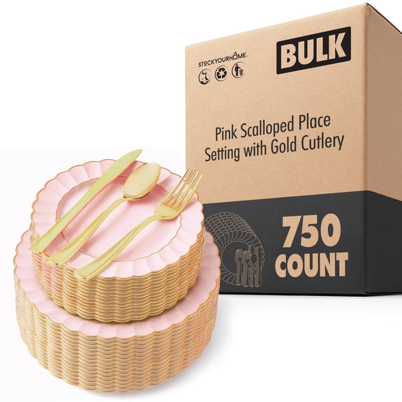 750 Piece Pink & Gold Scalloped Plastic Dinnerware Set with Cutlery, Gold Rim, Party Use
