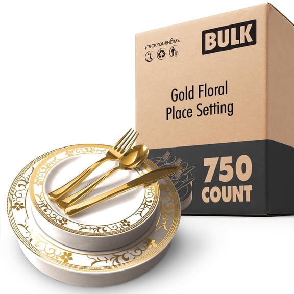 750-Piece White and Gold Floral Disposable Dinnerware Set  150 Dinner Plates, 150 Salad Plates, 150 Spoons, 150 Forks, 150 Knives  Elegant Party Plates with Cutlery for Weddings & Holidays