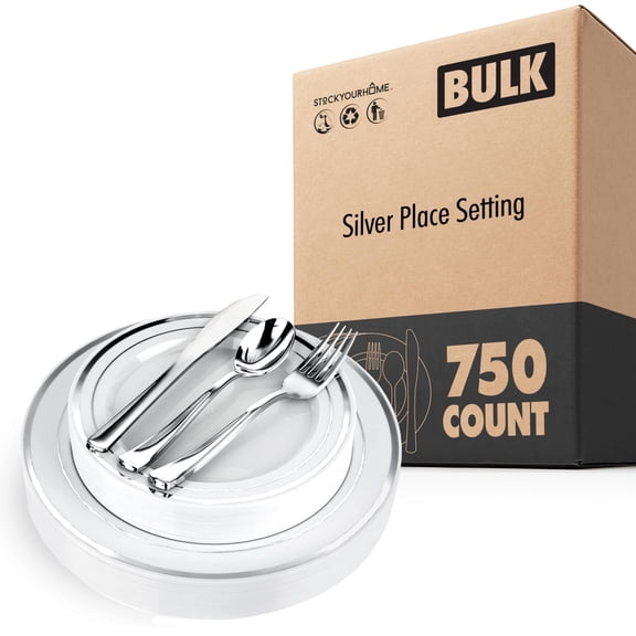750 Piece White and Silver Fancy Disposable Plates with Silverware, Elegant Dinnerware for Weddings and Holidays, Includes Dinner Plates, Salad Plates, Spoons, Forks and Knives