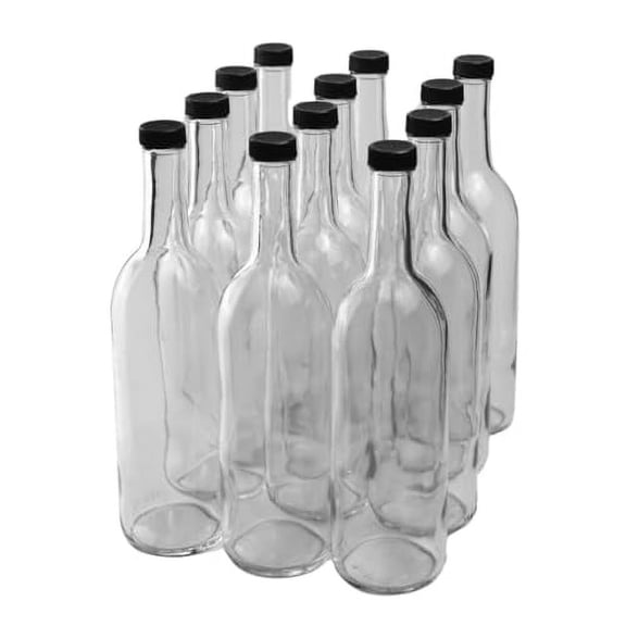 750 ml Clear Bordeaux Wine Bottles (Pack of 12) Screw top finish with 12 Black PLASTIC caps | W5 Flint Flat-Bottomed Glass Bottles Ideal for Wine Making and Storage$$Home Decor, Kitchen, & Other