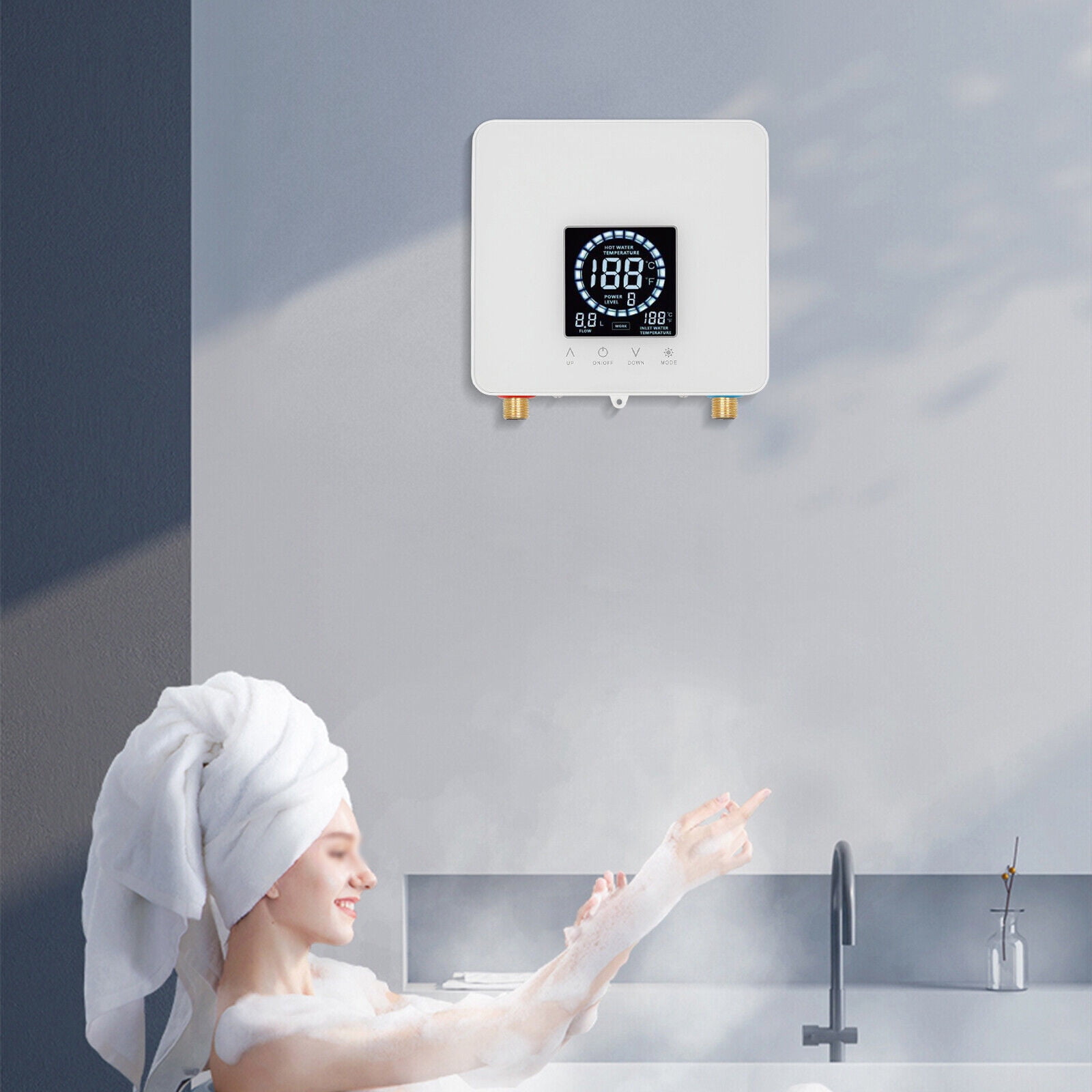 7500W Modern Instant Electric Water Heater with Led Display White IPX4 for Kitchens, Bathrooms