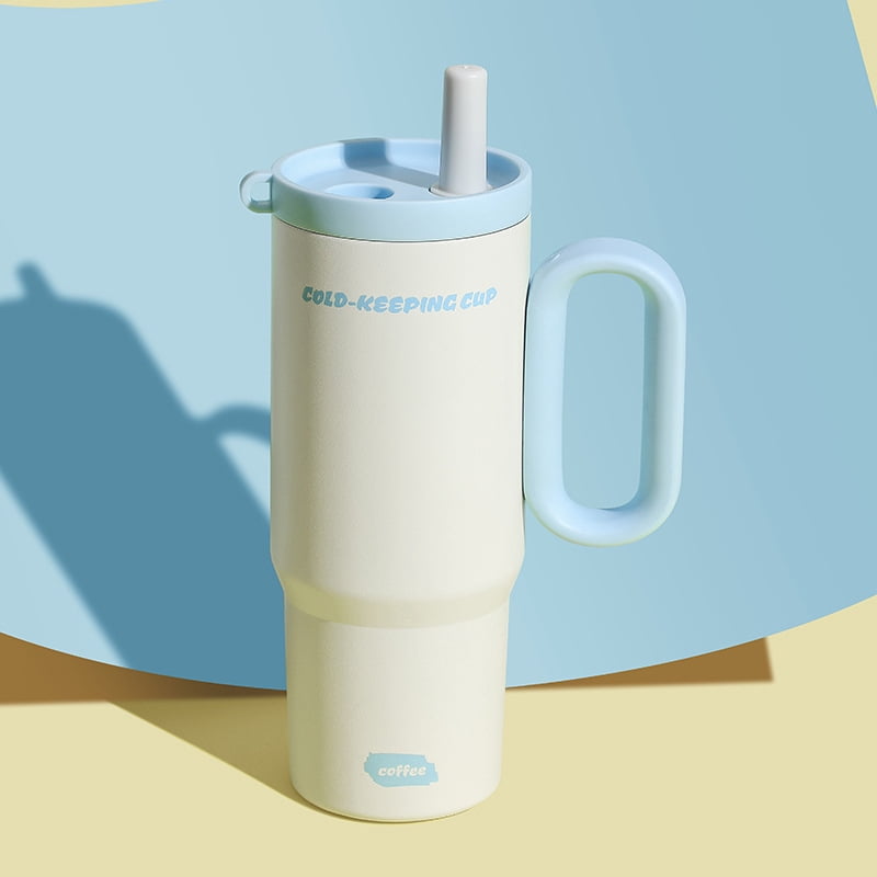 Insulating Ice 750ML Stainless Steel Thermos Cup with Straw & Handle Ice Coffee Drink ...
