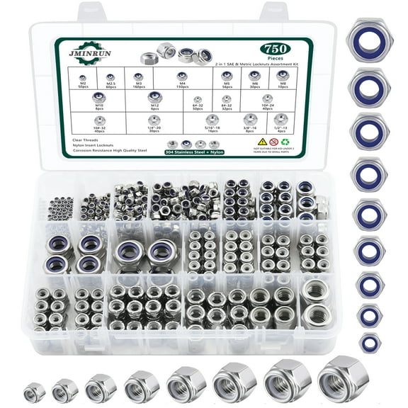 750PCS SAE & Metric Nylon Insert Lock Nuts Kit, 304 Stainless Steel Standard Thread Nylock Nuts for Bolt, 6#32 8#32 10#24 10#32 1/4"-20 5/16"-18 3/8"-16 1/2"-13 M2 M2.5 M3 M4 M5 M6 M8 M10 M12