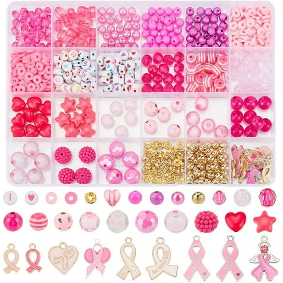 750Pcs Breast Cancer Awareness Beads Charms Pink Ribbon Charms Heart Dangle Pendant Letter Star Beads Loose Spacer Craft Beads DIY