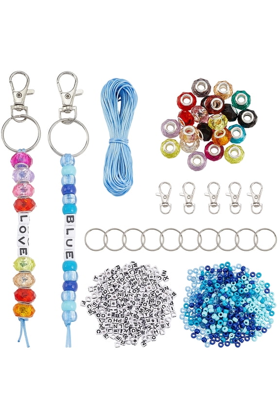 750Pcs DIY 5 Sets Alphabet Beads Keychain Kit Letter Beads Set with 20m Thread Blue Acrylic Square Pony Beads Metal Lobster Clasp Key Rings