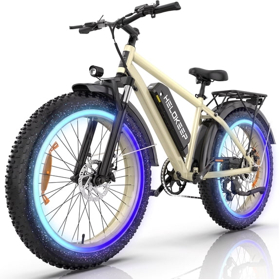 750W 1500W Electric Bike for Adults, 48V 15.6Ah Removable Battery, 26x4" Fat Tire Ebike, 7 Speed Shimano, Rear Rack, UL2849, Beige